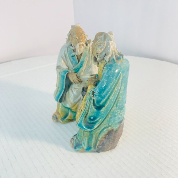 Antique c.1900 Handmade Shiwan Mudmen Two Old Men Seated Drinking Sake Tea - Picture 7 of 15